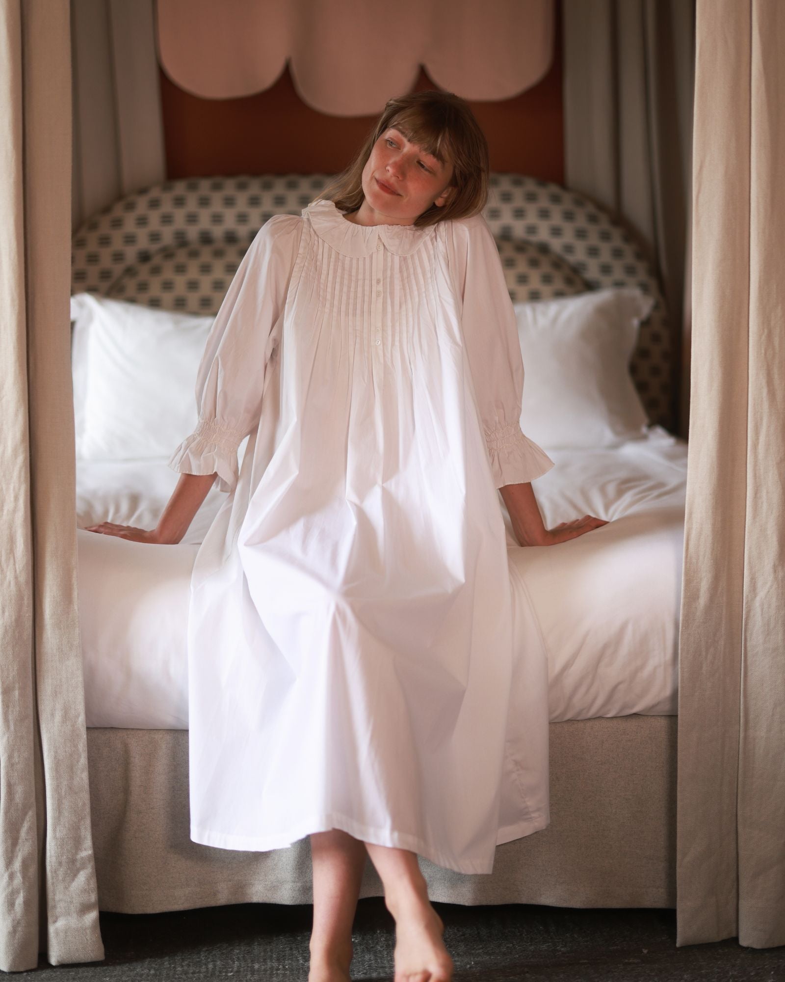 Bessie Coleman Women's Dress Moonstone Cotton with Ivory Hand Smocking