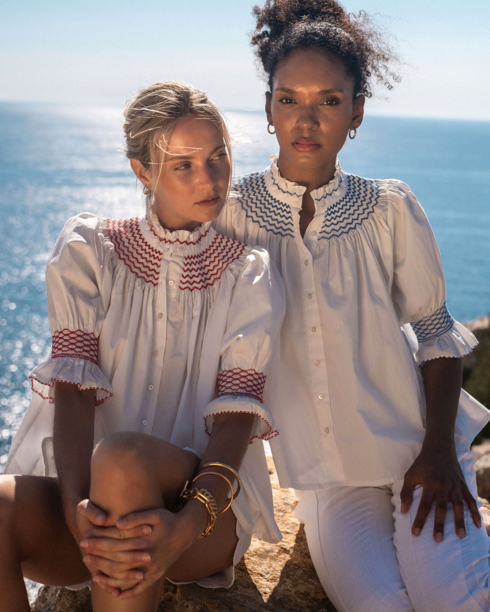 Scholl Women's Summer Blouse White with Pillar Box Red Hand Smocking