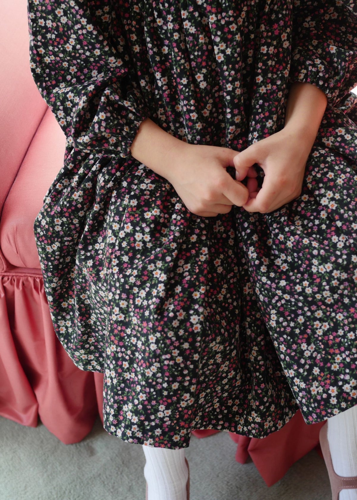 8-10y Margaret Graham Dress Autumn Flowers Needlecord with Liquorice Allsorts Hand Smocking