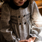 Margaret Thatcher Dress Silver Stitches Linen with Onyx Sparkle Hand Smocking