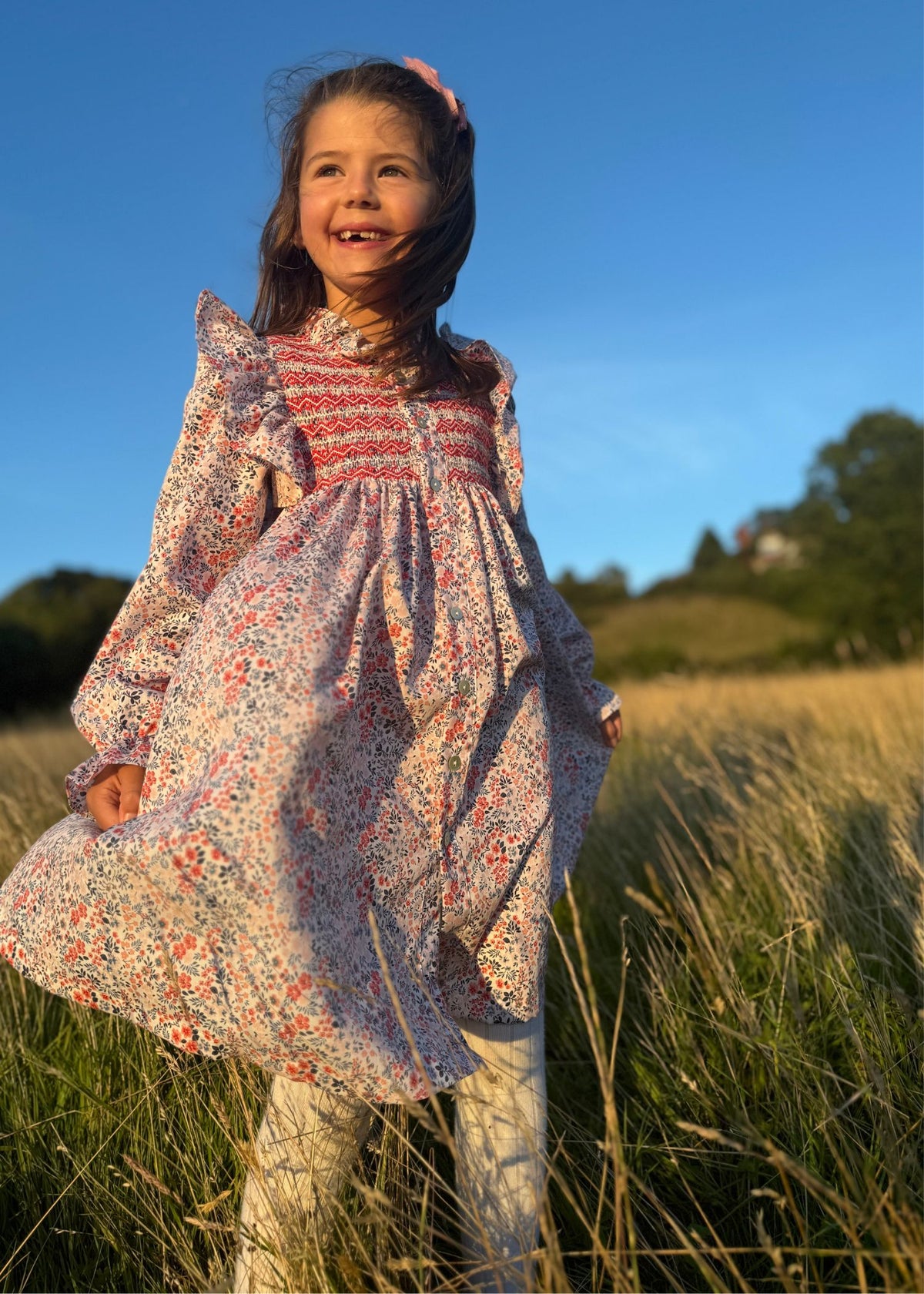 3-4 & 6-8y Mirabai Dress Petunia Floral with Rose White and Rose Red Hand Smocking