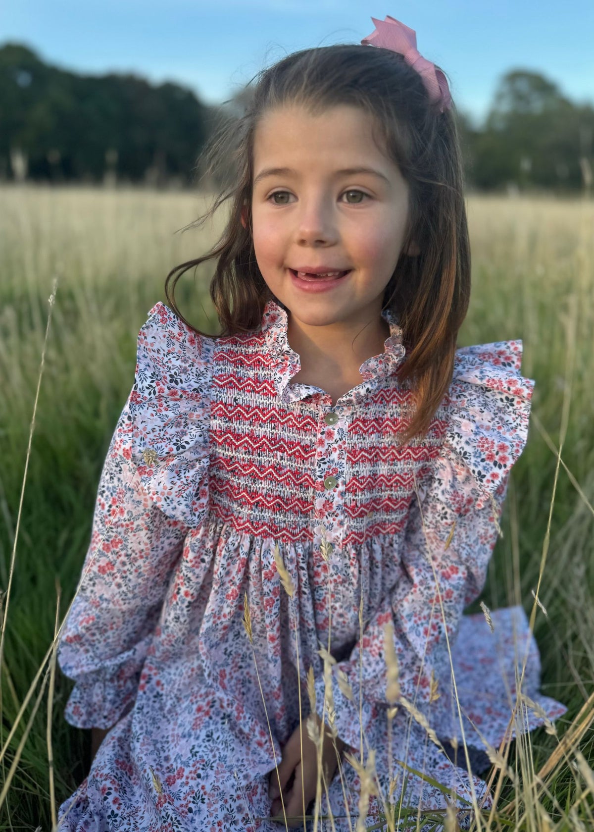 3-4 & 6-8y Mirabai Dress Petunia Floral with Rose White and Rose Red Hand Smocking