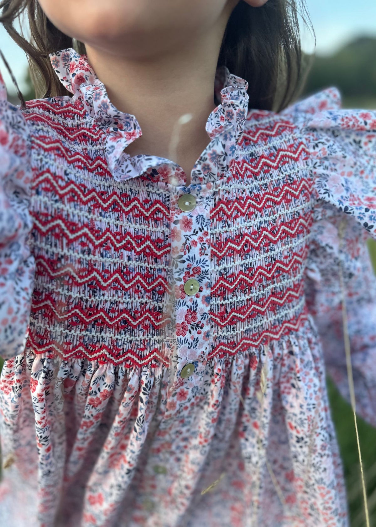 3-4 & 6-8y Mirabai Dress Petunia Floral with Rose White and Rose Red Hand Smocking