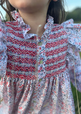 Mirabai Dress Petunia Floral with Rose White and Rose Red Hand Smocking