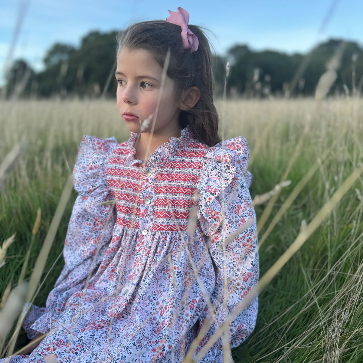 3-4 & 6-8y Mirabai Dress Petunia Floral with Rose White and Rose Red Hand Smocking