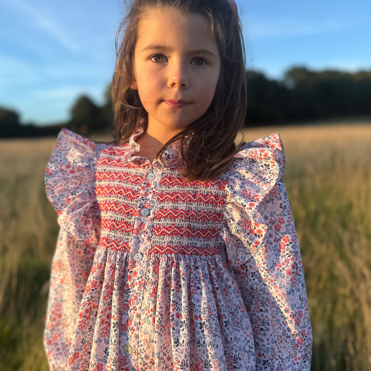 3-4 & 6-8y Mirabai Dress Petunia Floral with Rose White and Rose Red Hand Smocking