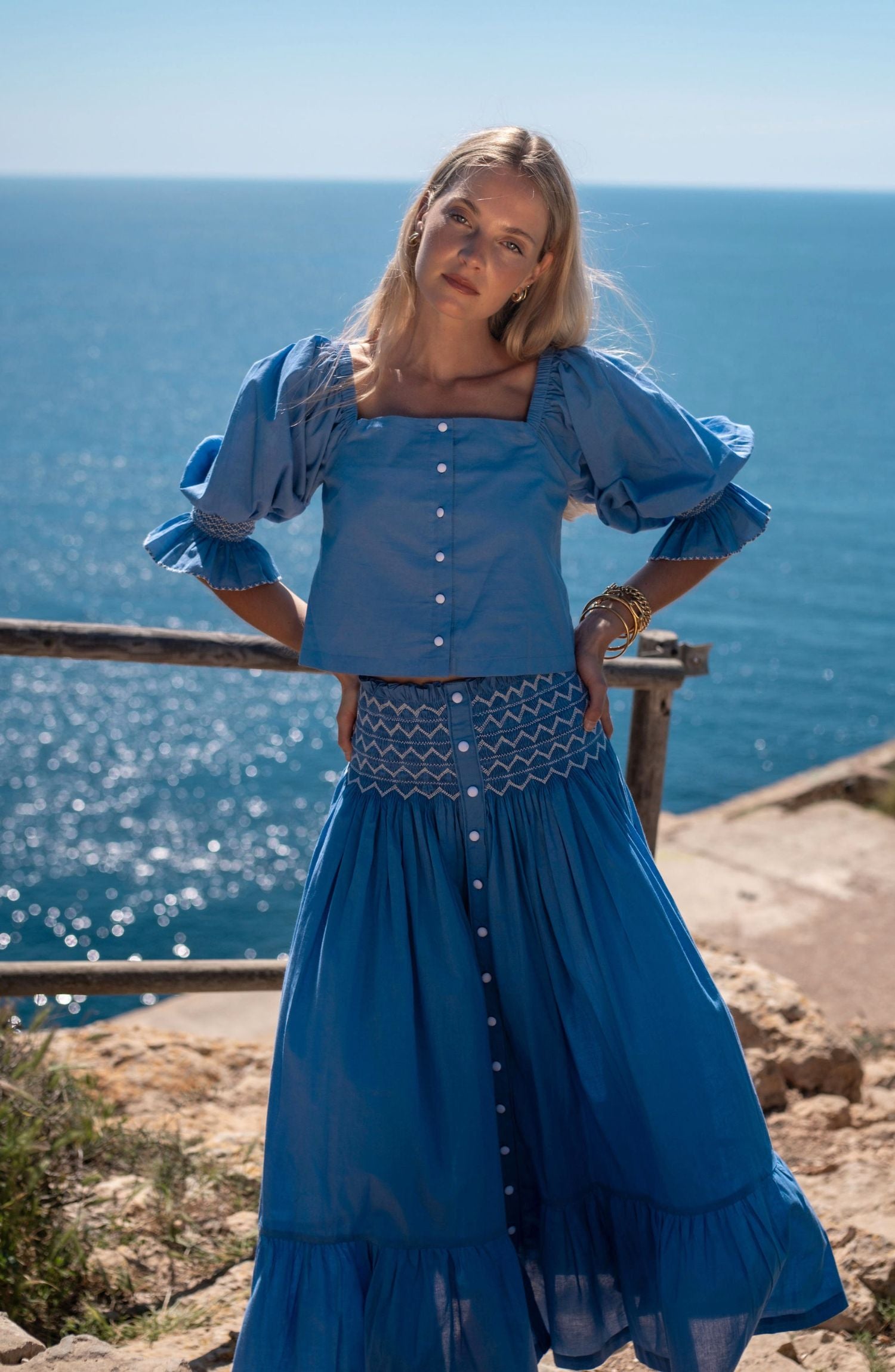 Sullivan Skirt Lapis Lazuli Cotton with Seagull Hand Smocking