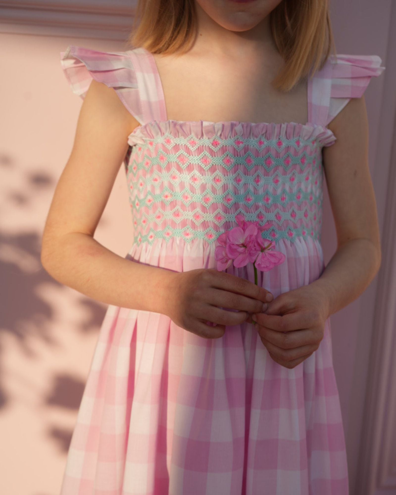 Rachel Carson Girls Dress Candy Floss Gingham with Spearmint Hand Smocking