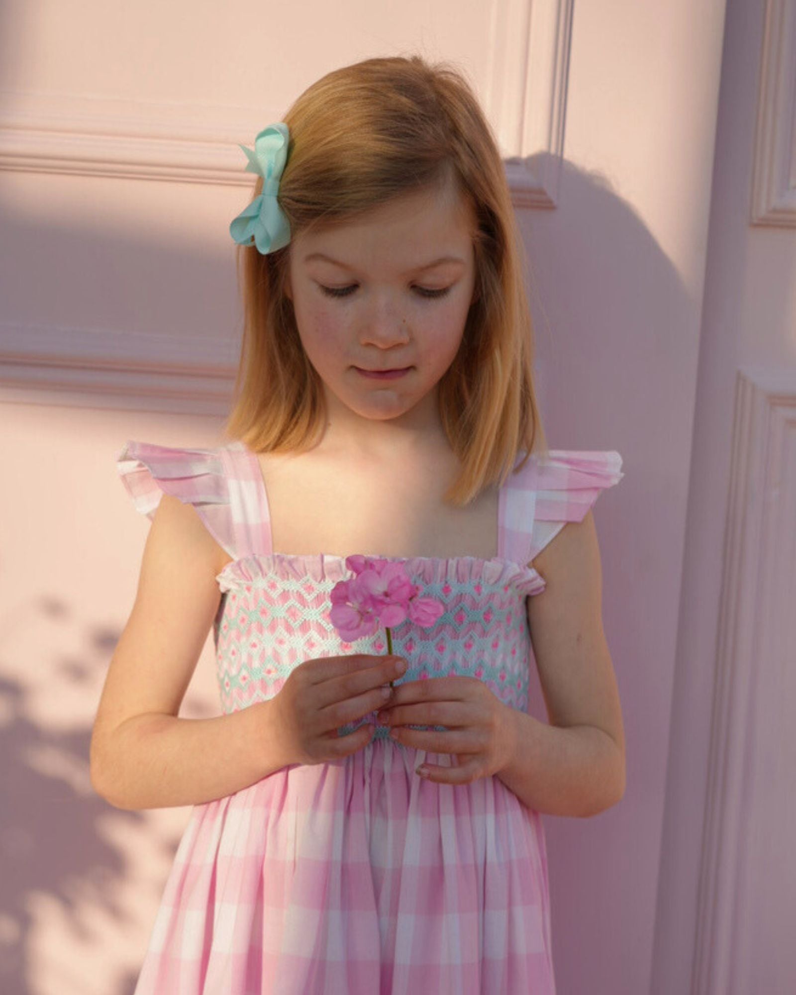 Rachel Carson Girls Dress Candy Floss Gingham with Spearmint Hand Smocking