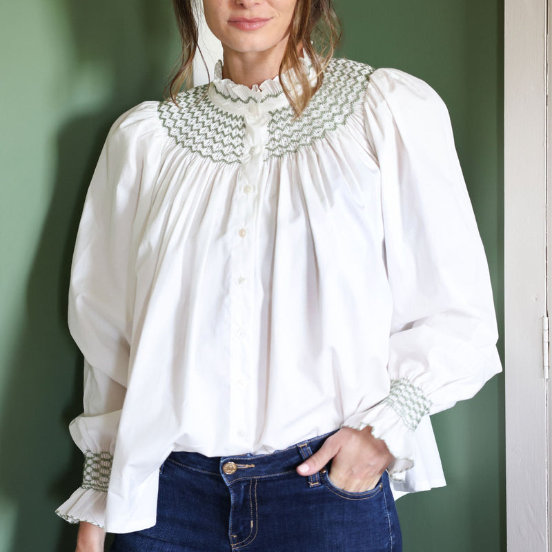 Scholl Women's Blouse White with Olive Hand Smocking Edition 17
