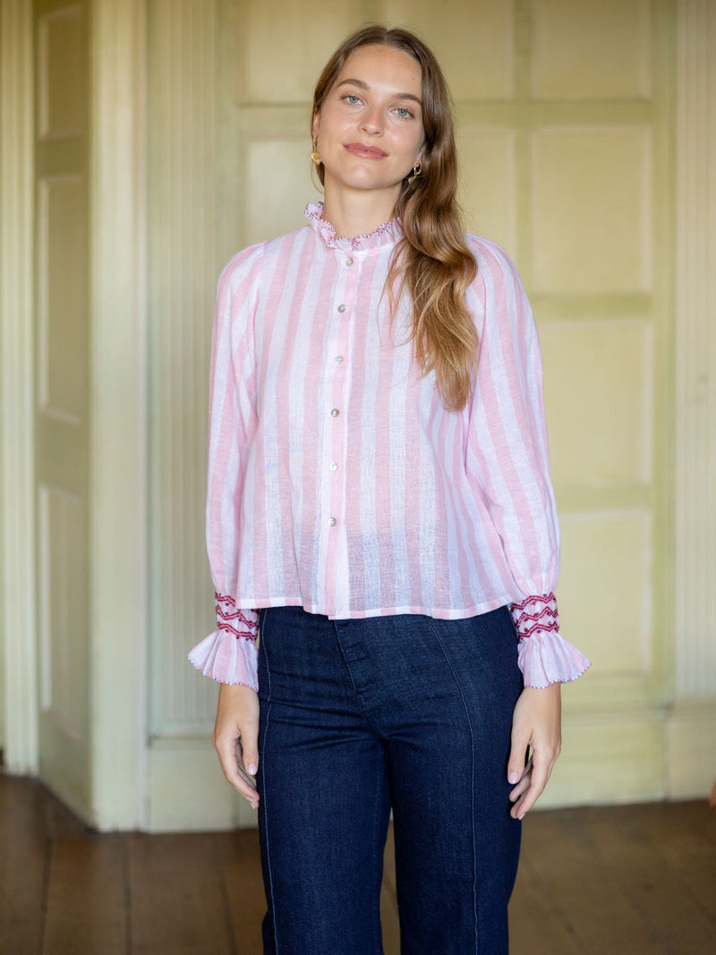 Shelley Blouse Powder Pink Stripe with Copper Beech Hand Smocking Edition 17