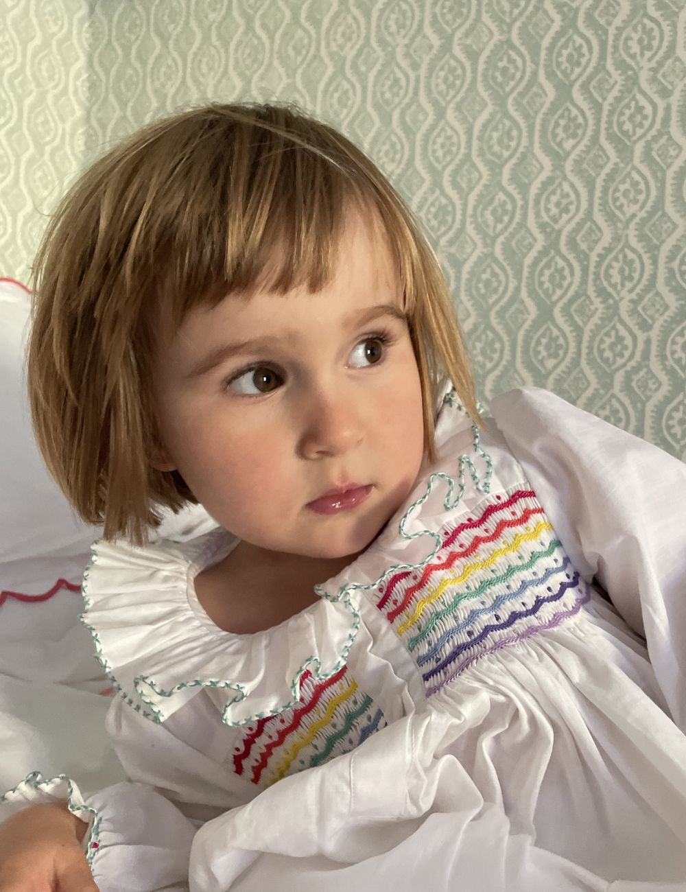 Nightingale Girl's Dress Moonstone Cotton with Rainbow Hand Smocking