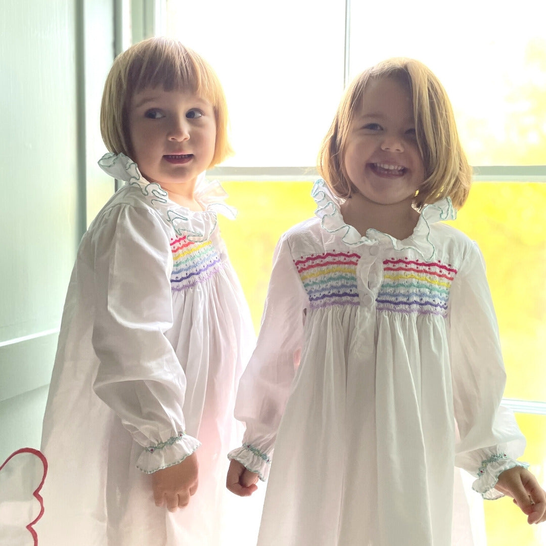 Nightingale Girl's Dress Moonstone Cotton with Rainbow Hand Smocking