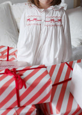 Nightingale Girls Dress Moonstone with Scarlet Bows Hand Smocking