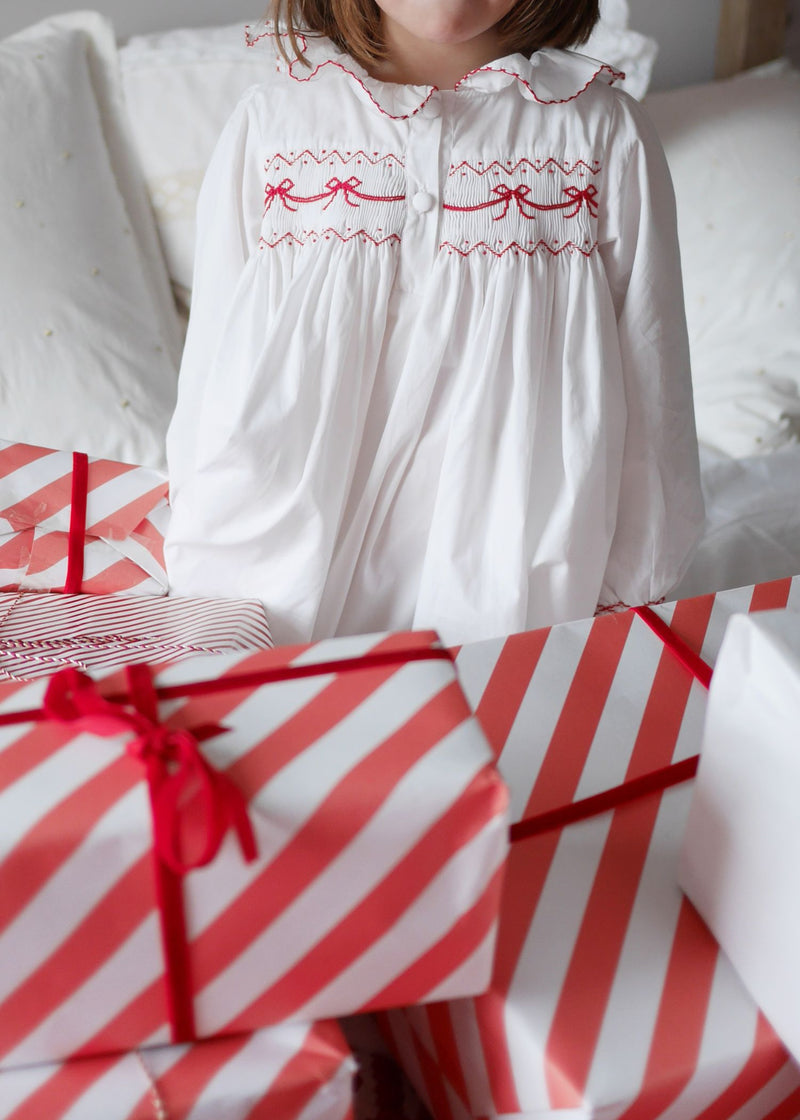 Nightingale Girls Dress Moonstone with Scarlet Bows Hand Smocking