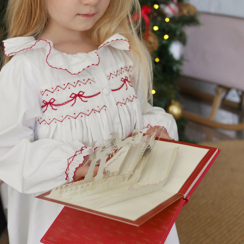 Nightingale Girls Dress Moonstone with Scarlet Bows Hand Smocking