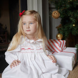Nightingale Girls Dress Moonstone with Scarlet Bows Hand Smocking