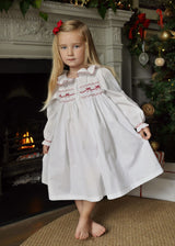 Nightingale Girls Dress Moonstone with Scarlet Bows Hand Smocking
