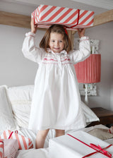 Nightingale Girls Dress Moonstone with Scarlet Bows Hand Smocking