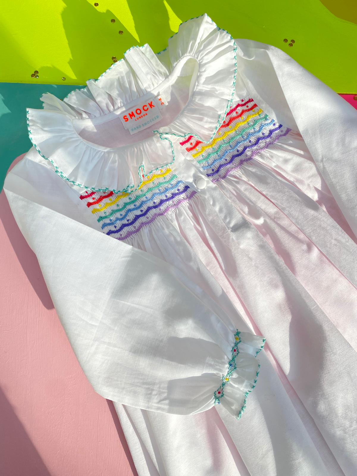 Nightingale Girl's Dress Moonstone Cotton with Rainbow Hand Smocking