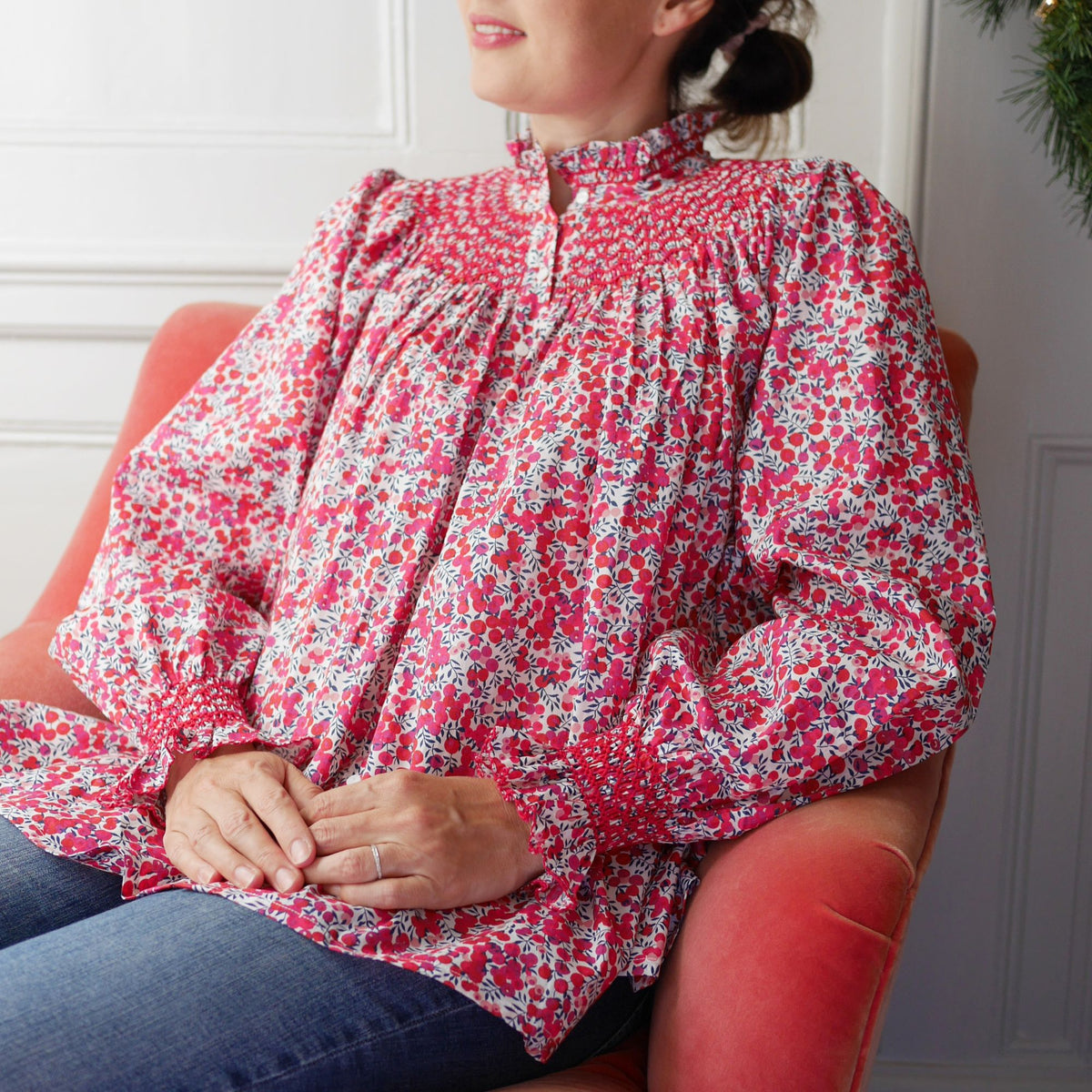 Small Scholl Women's Blouse with Santa Hand Smocking made with Liberty Wiltshire Fabric Edition 5
