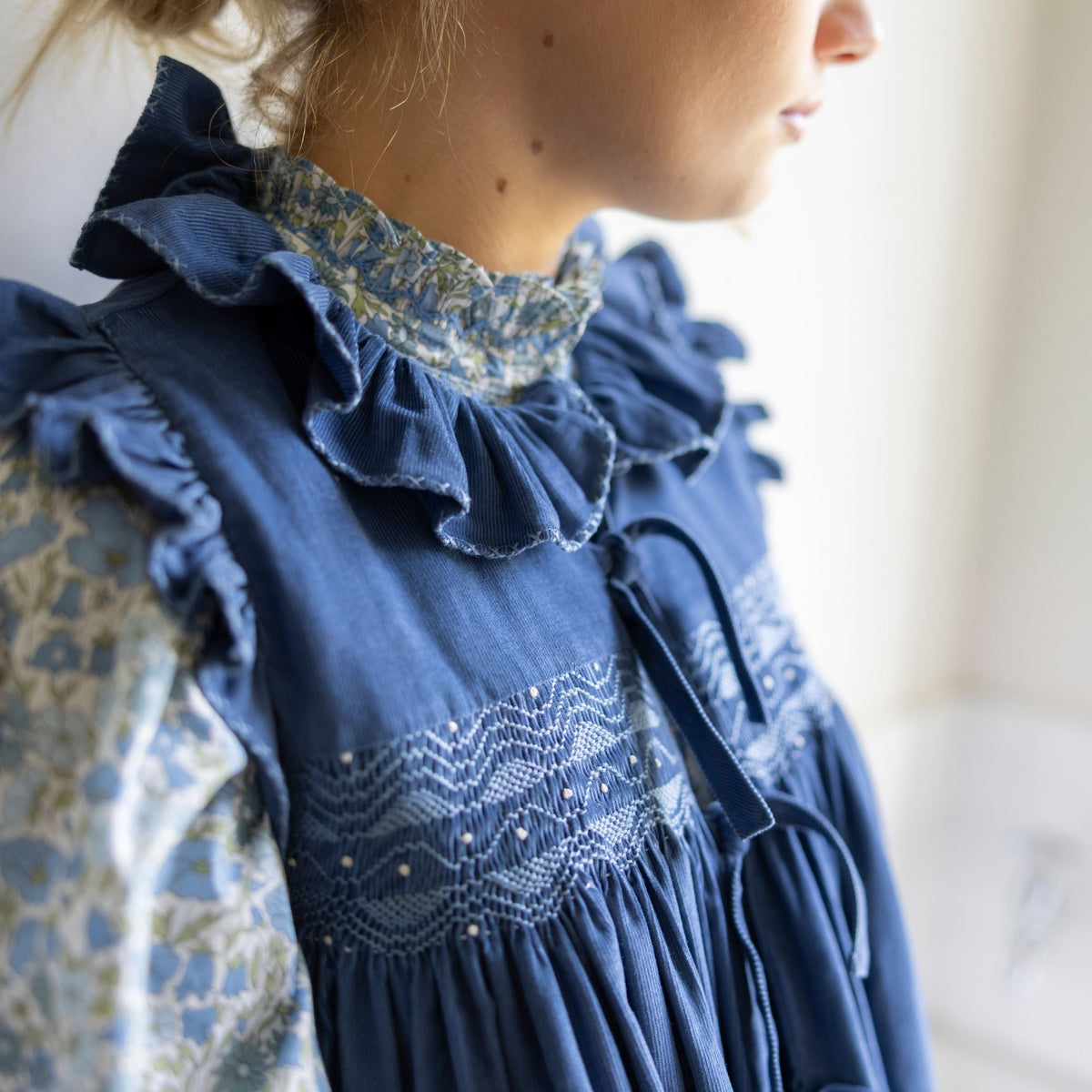Large Edith Wharton Waistcoat Cornflower Needlecord with Chambray Hand Smocking Edition 2