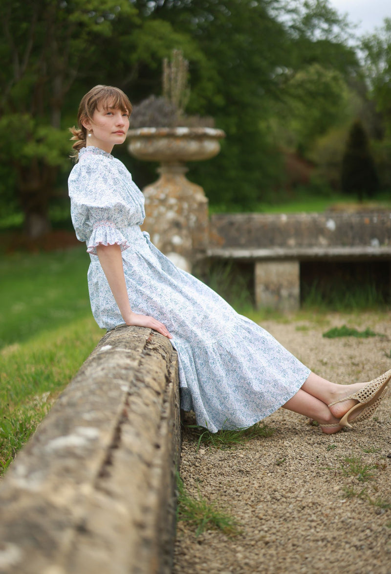 Ada Lovelace Dress Flower Field Linen with Cherry Blossom Hand Smocking