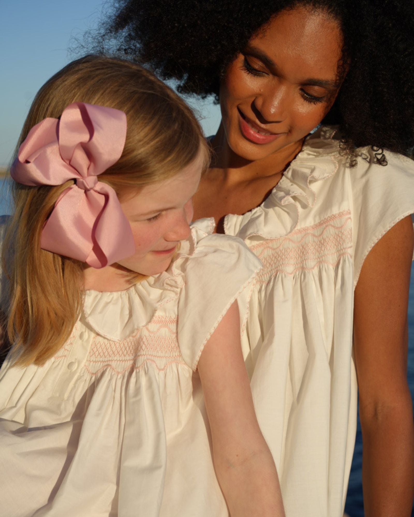 Nightingale Girl's Dress Moonstone Cotton with Seashell Stacked Curves Hand Smocking
