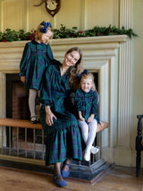 Margaret Thatcher Dress Black Watch Tartan with Golden Glimmer Hand Smocking