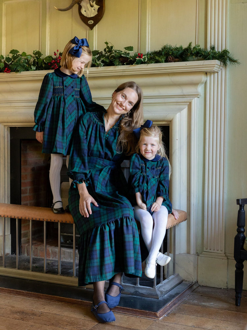 Margaret Thatcher Dress Black Watch Tartan with Golden Glimmer Hand Smocking