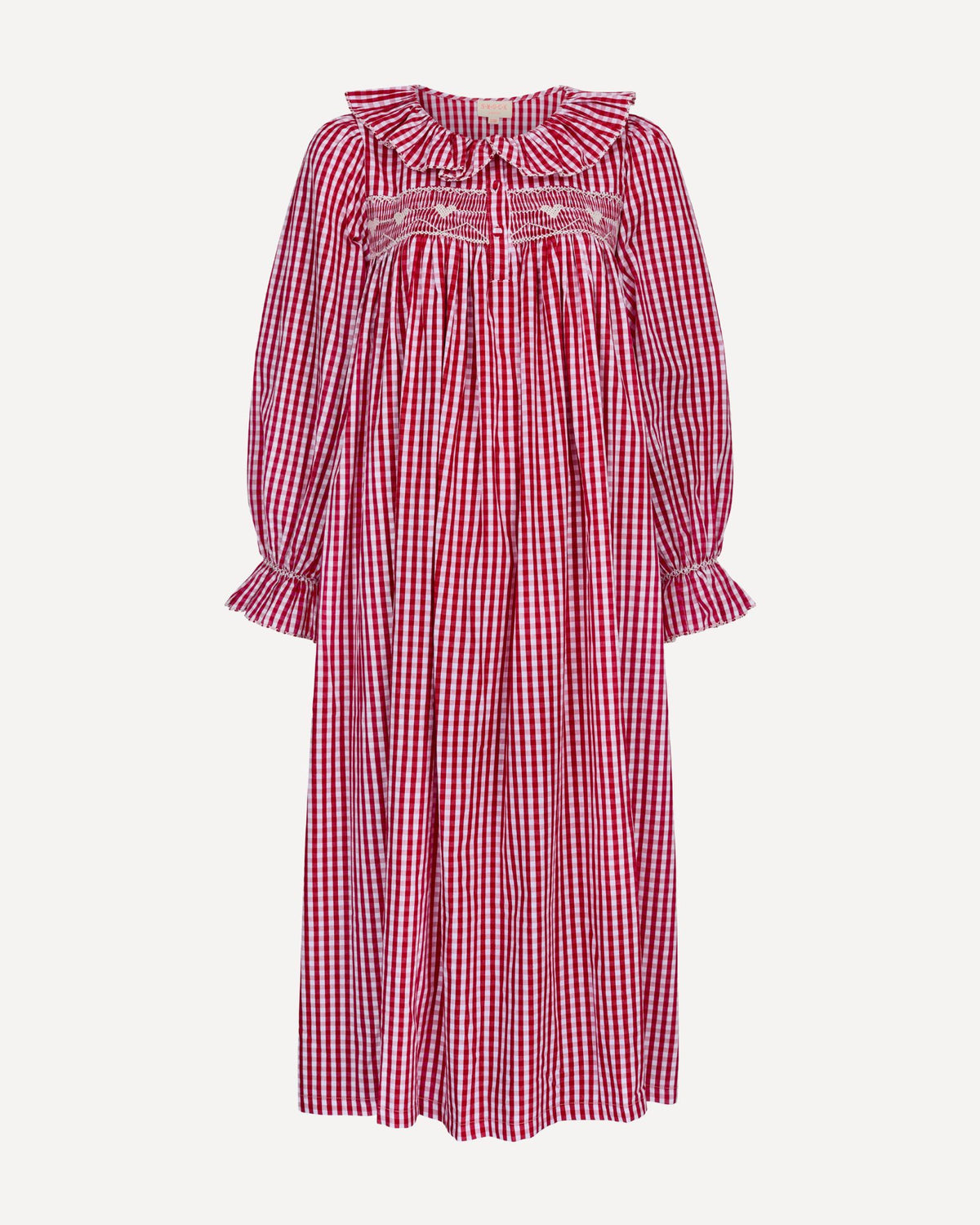Nightingale Women's Dress Crimson Gingham with Snow Angel Hand Smocking