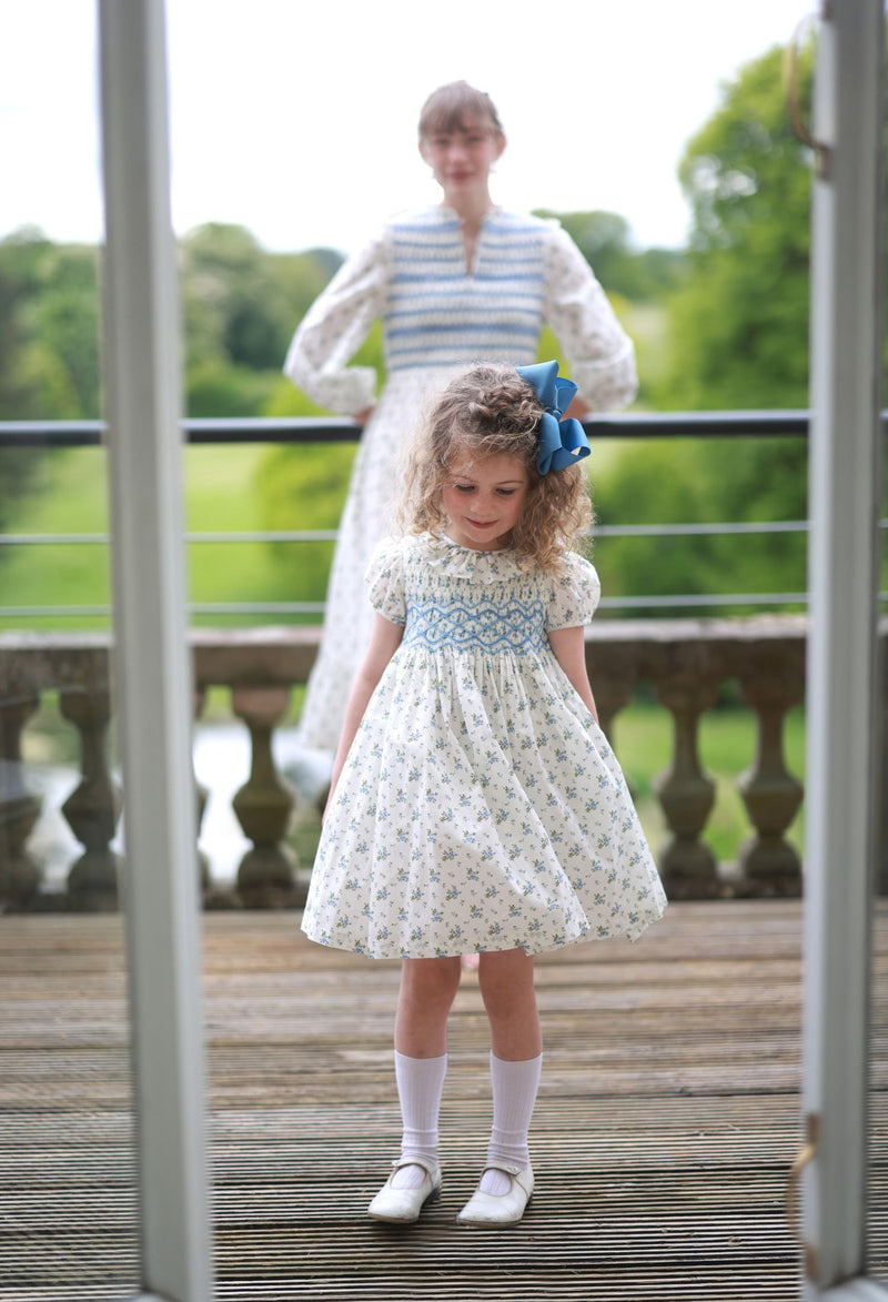 Emmeline Pankhurst Dress Brunnera Blooms with Forget Me Not Hand Smocking