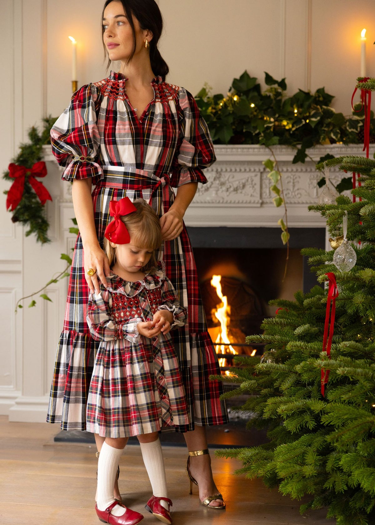 S/M Colette Dress Royal Tartan with Sleigh Bell Hand Smocking