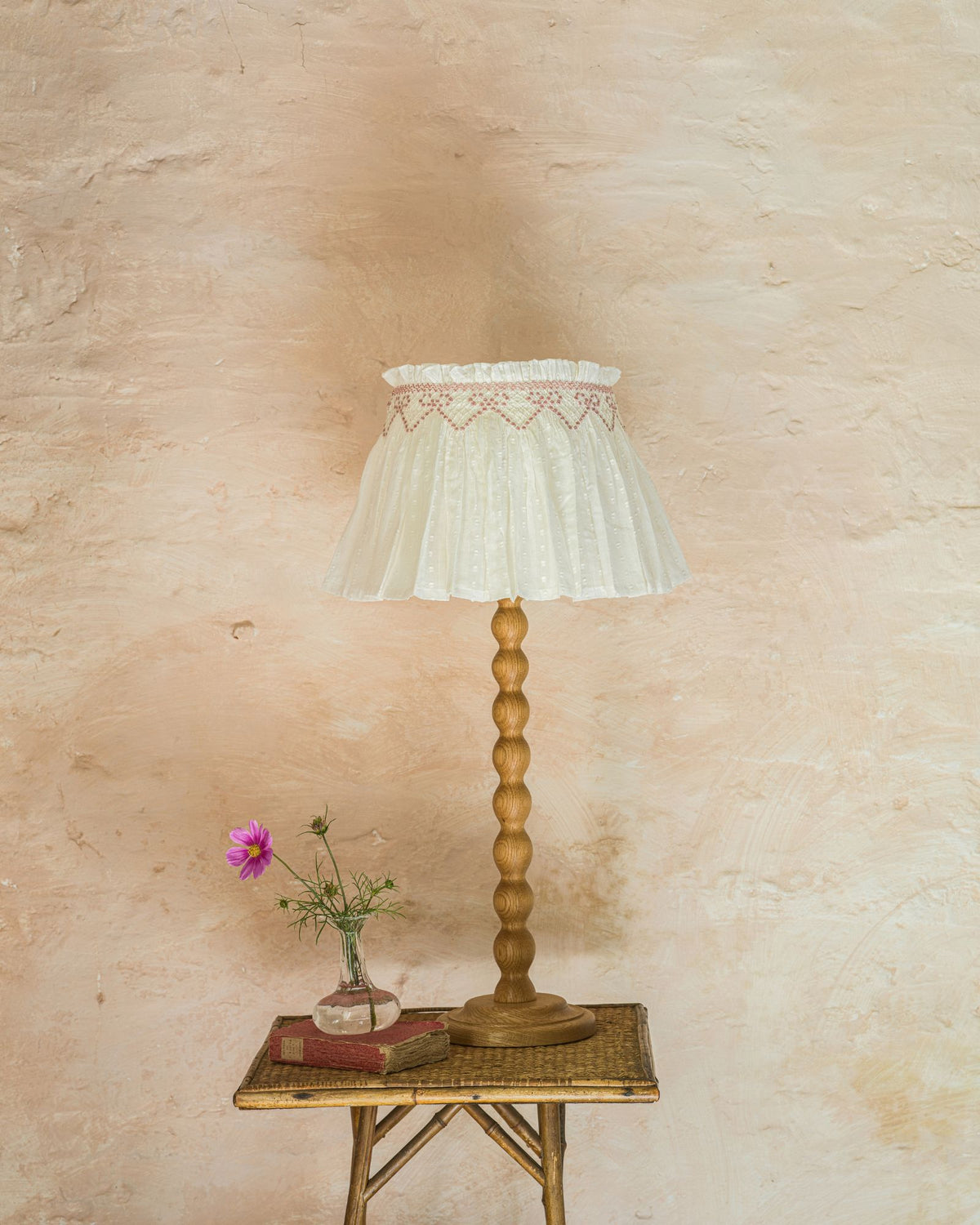 Edit58 x Smock London Elsie Lampshade White Spot Cotton with Rose Ribbons Hand Smocking