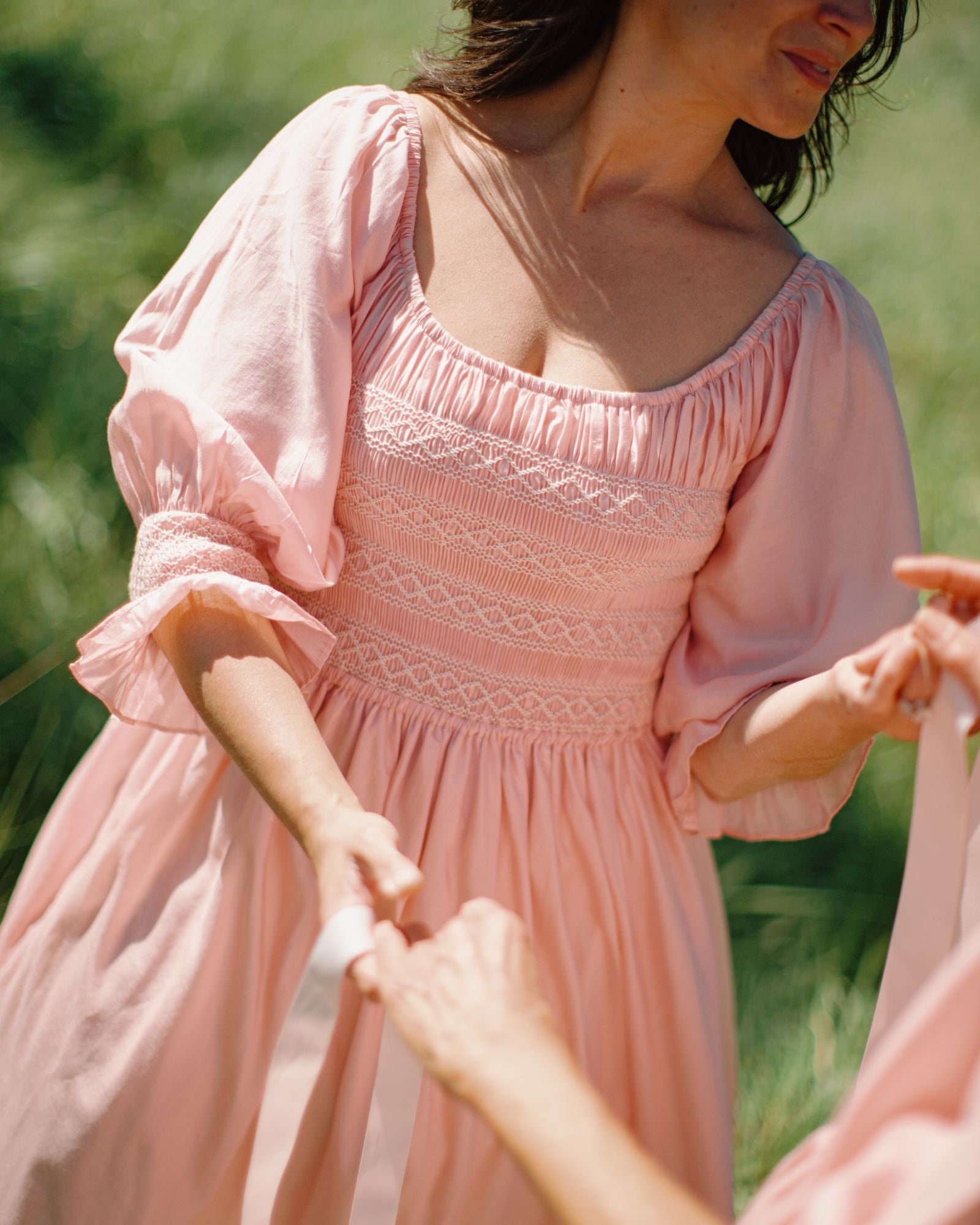 My Mulberry House x Smock London Liesl Dress Peony Pink Silk Cotton with Ivory Hand Smocking