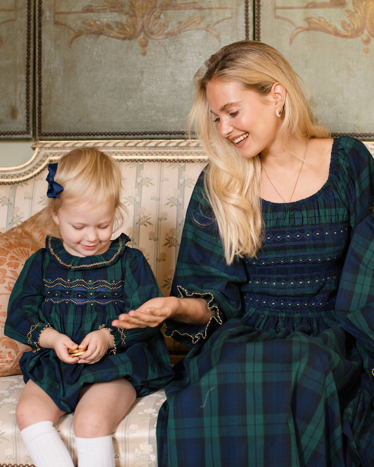 Jane Austen Romper Blackwatch Tartan with Midnight Star Hand Smocking
