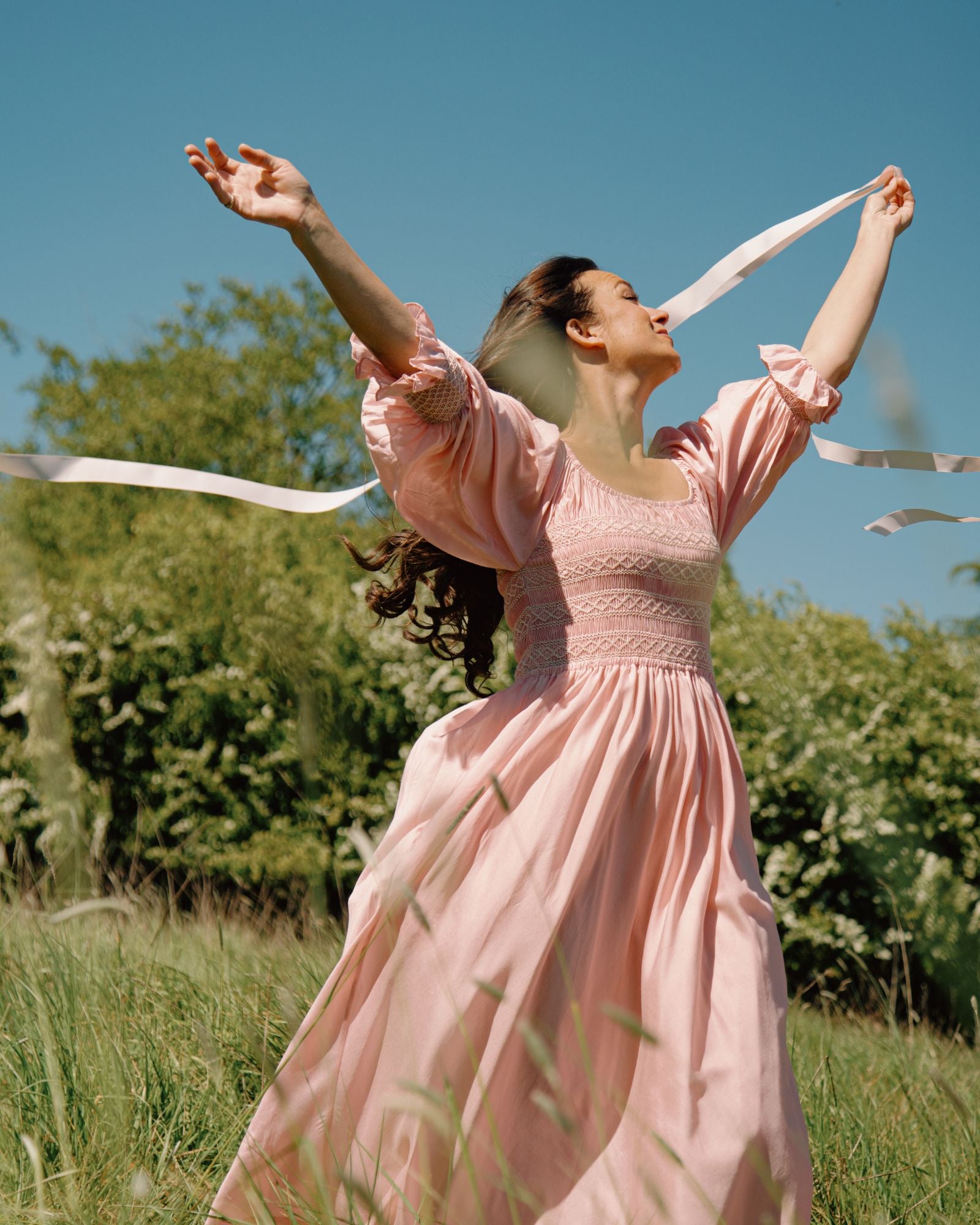 My Mulberry House x Smock London Liesl Dress Peony Pink Silk Cotton with Ivory Hand Smocking
