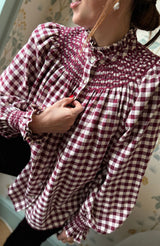 Pom x Smock London Scholl Blouse Mulled Wine Gingham Brushed Cotton with Spiced Cinnamon Hand Smocking Edition 53
