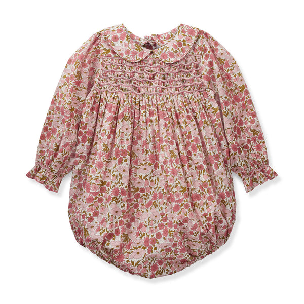 Jane Austen Romper with Raspberry Crumble Hand Smocking made with Liberty Poppies and Daisies