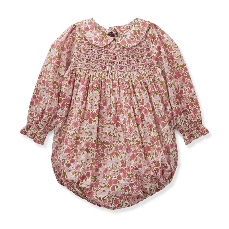 Jane Austen Romper with Raspberry Crumble Hand Smocking made with Liberty Poppies and Daisies