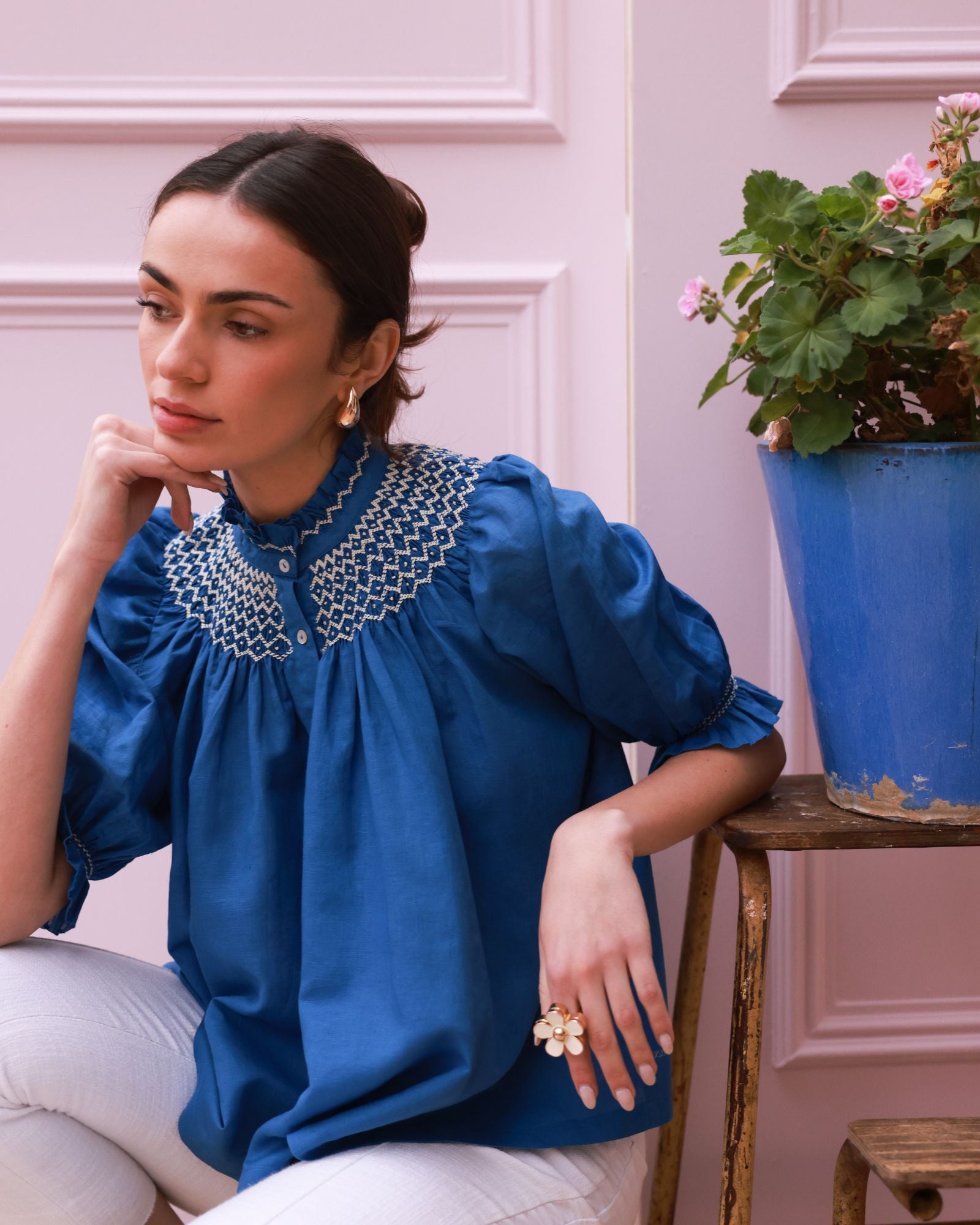 Scholl Blouse Cobalt Linen with Vanilla Hand Smocking Edition 54