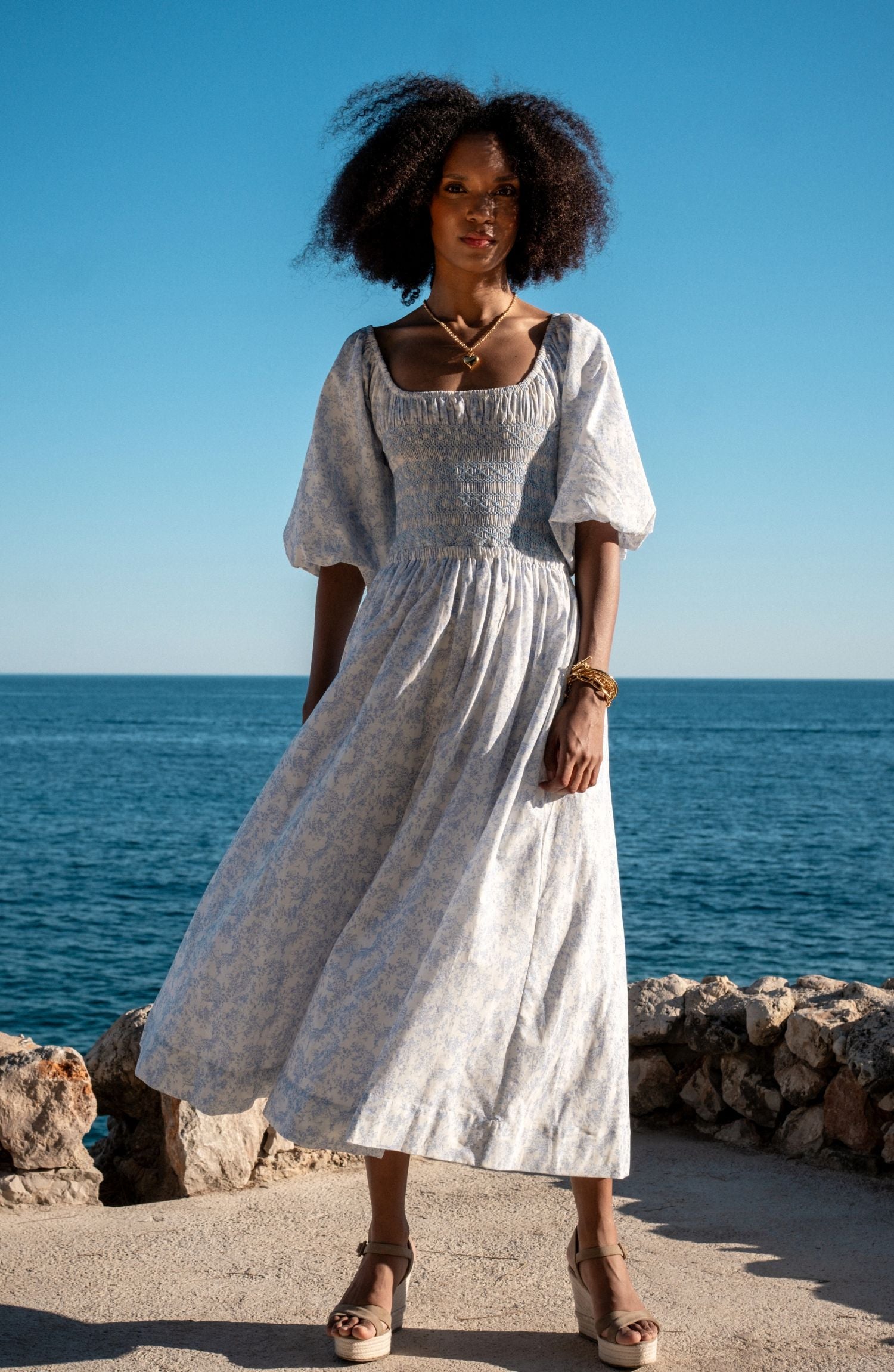 My Mulberry House x Smock London Scarlett Dress Toile des Champs with Delphinium Hand Smocking