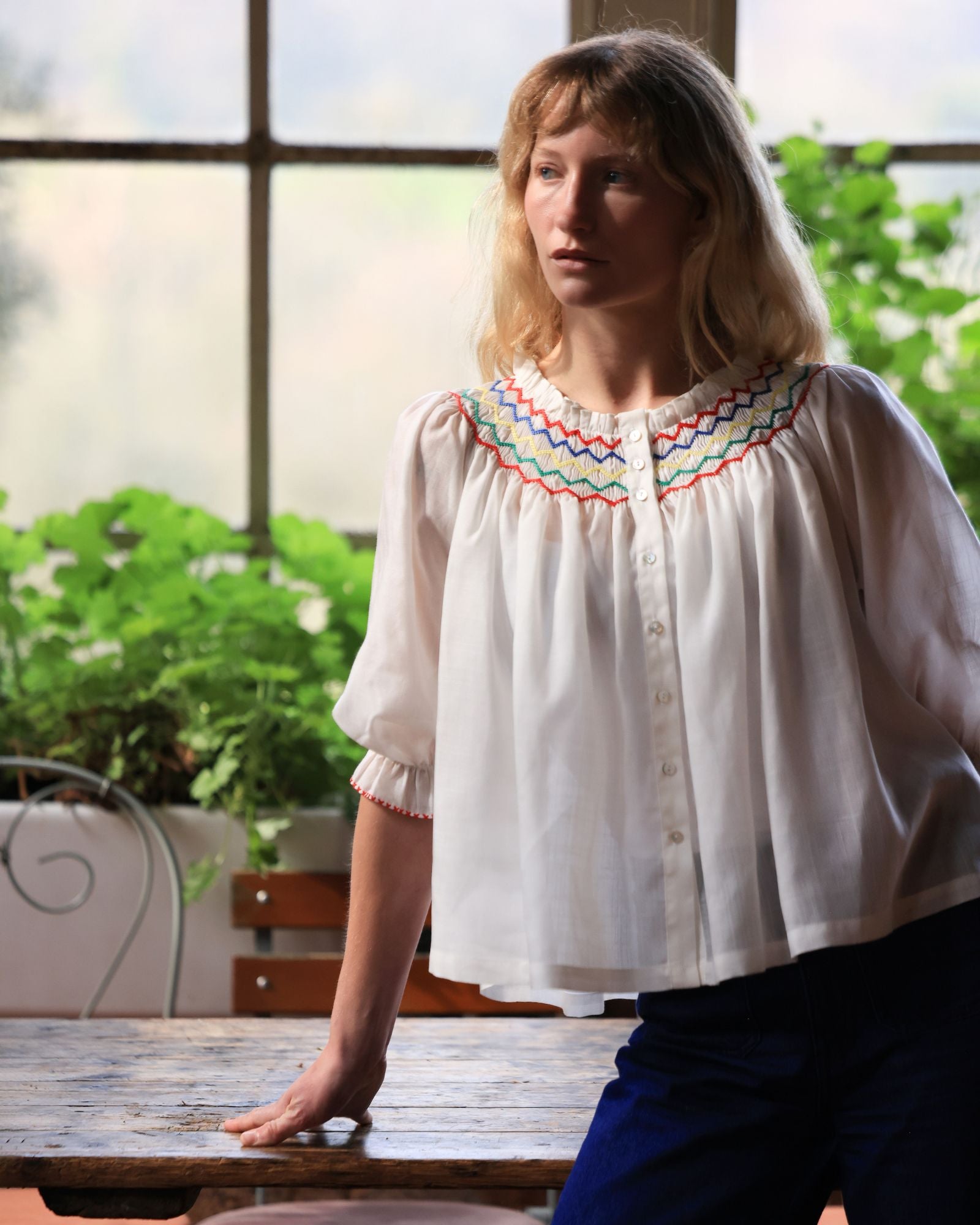 Cleopatra Blouse White Weave with Primary Colour Hand Smocking Edition 50