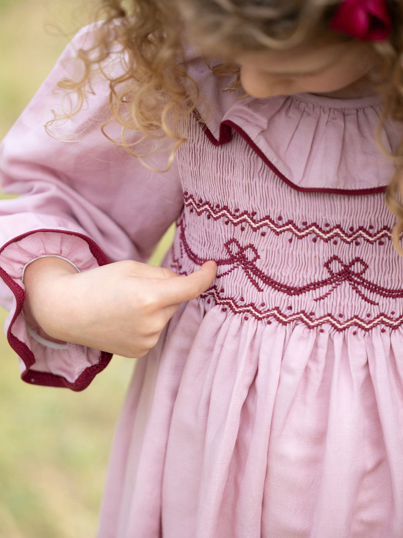 Katherine Johnson Dress Dusty Rose Linen with Mulberry Bow Hand Smocking