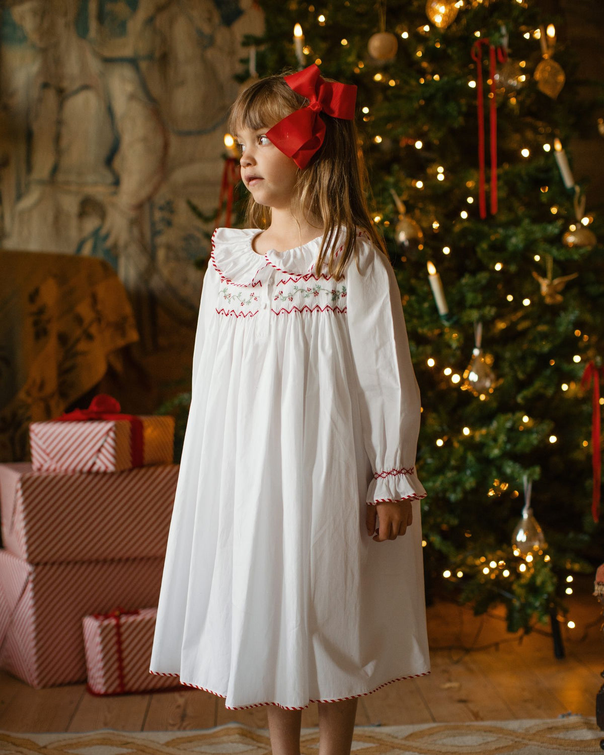 Nightingale Girl's Dress with Candy Cane Piping and Christmas Garland Hand Smocking