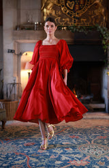 Ella Fitzgerald Women's Dress Crimson Silk-Cotton with Sleigh Bell Hand Smocking