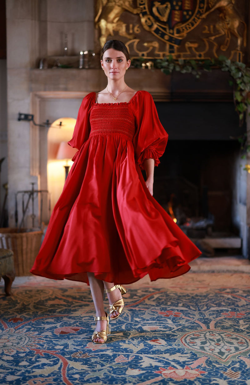 Ella Fitzgerald Women's Dress Crimson Silk-Cotton with Sleigh Bell Hand Smocking