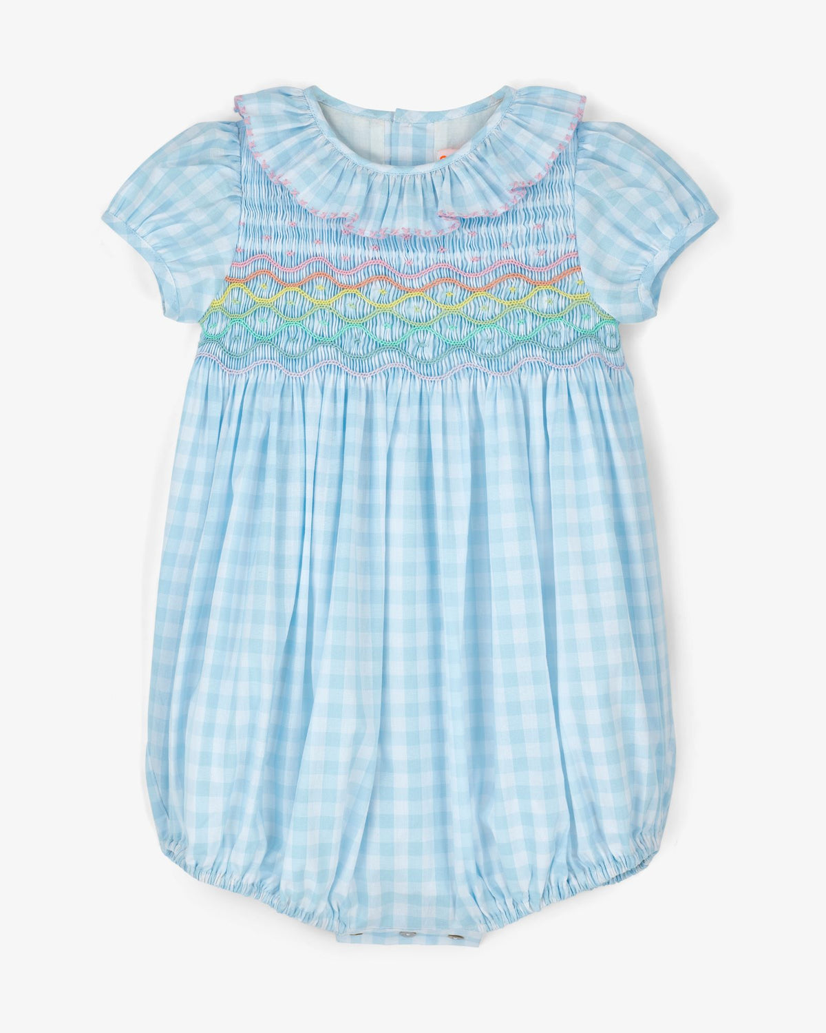 Jane Austen Romper Sky Gingham Rainbow Hand Smocking