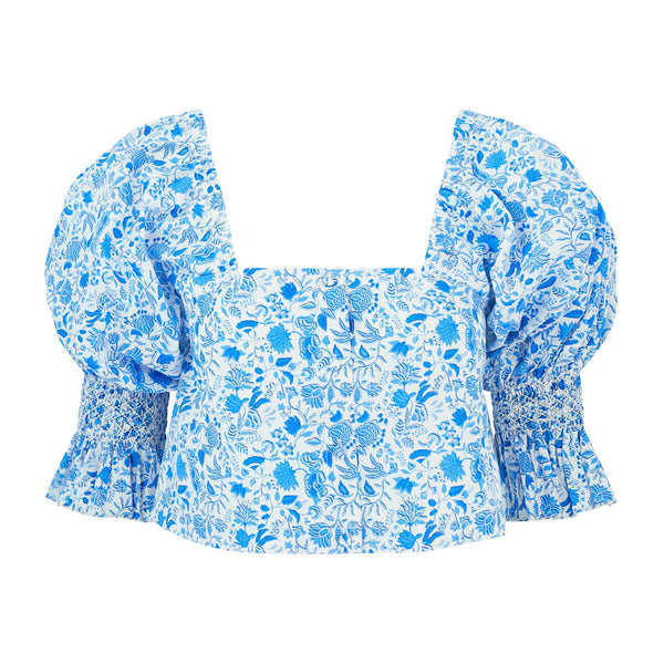 Sappho Blouse Rhapsody in Blue with White Hand Smocking