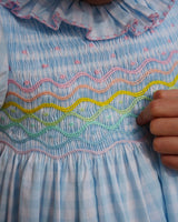 Katherine Johnson Dress Blue Sky Gingham with Rainbow Hand Smocking